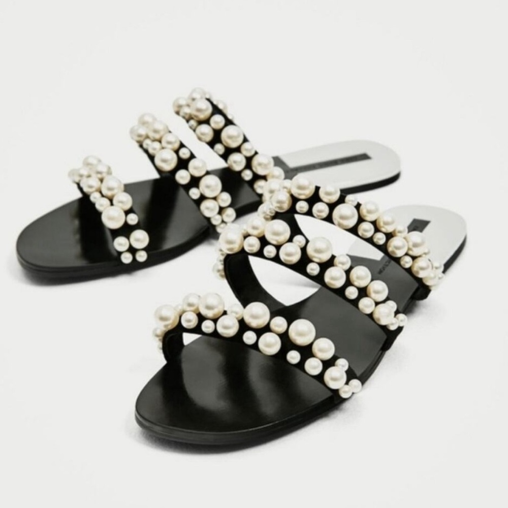 Zara White Pearl Black Velvet Sandals